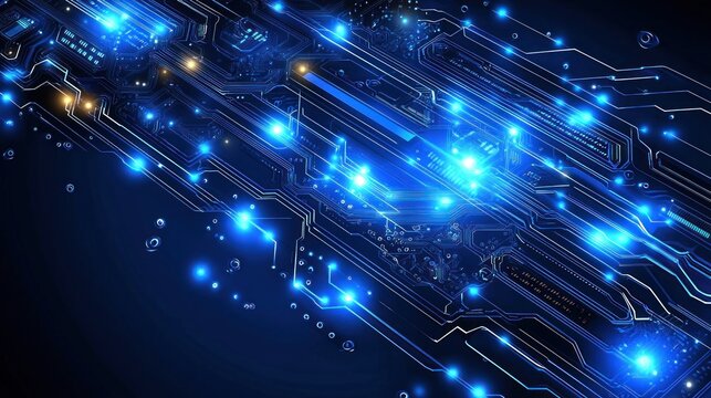 Abstract digital circuit board with glowing blue lines and nodes, representing high-speed data transfer or technological innovation