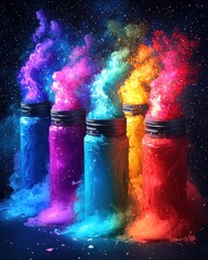 Colorful smoke plumes erupt from jars, creating a vibrant, cosmic scene against a dark background