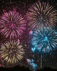 Vibrant fireworks display illuminating the night sky with bursts of color and sparkling trails