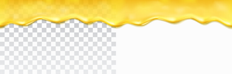 Honey drip seamless pattern isolated on transparent and white background. Golden butter, caramel, orange confectionery syrup or sauce. Vector melted bee nectar border template © Kindlena