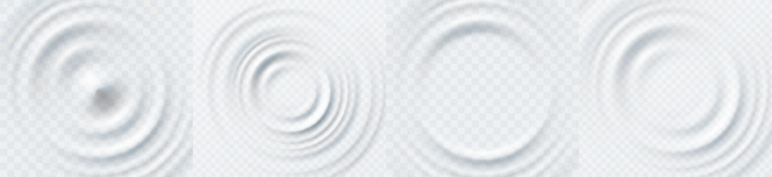 Ripple, splash water waves surface from drop isolated on transparent background. White sound impact effect top view. Vector circle liquid shampoo, cream or gel swirl round texture template set