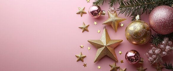 Pink and gold Christmas ornaments, stars, and pine branches arranged on a pink background