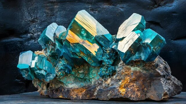 A cluster of blue and green crystals on a rock