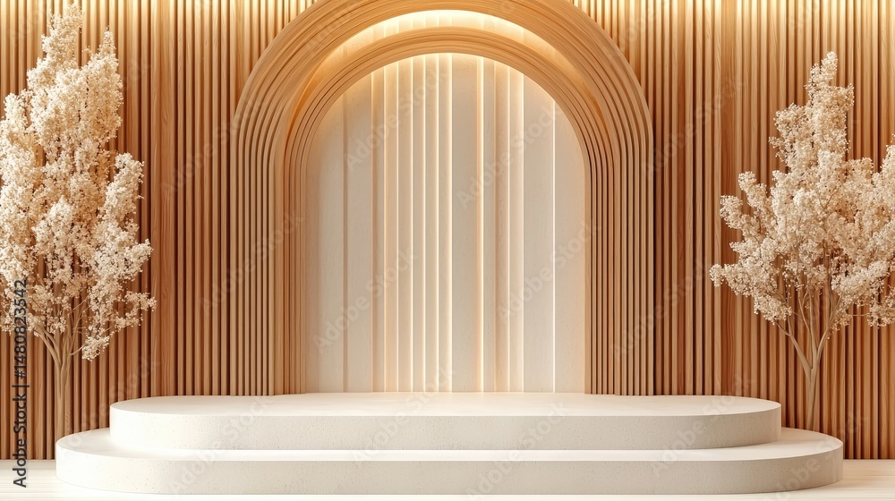 Poster beige product podium display with arch and minimal details