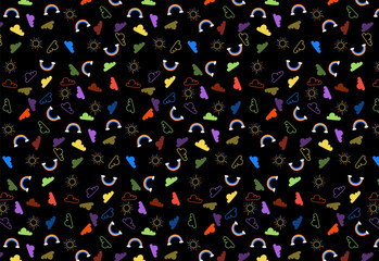 Bright pattern of colorful clouds, rainbows, suns on black background. Joyful and cheerful design for kids, spring and happiness themes. seamless  pattern vector. For backdrop, wallpaper, fabric 