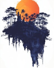 A floating island, silhouetted against a vibrant sunset, with lush tropical vegetation.  The island's edges drip dark hues, creating a surreal, dreamlike atmosphere