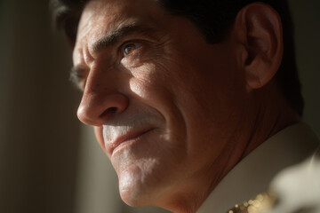 Obraz premium portrait of rescuer with determined expression positioned on left side of frame