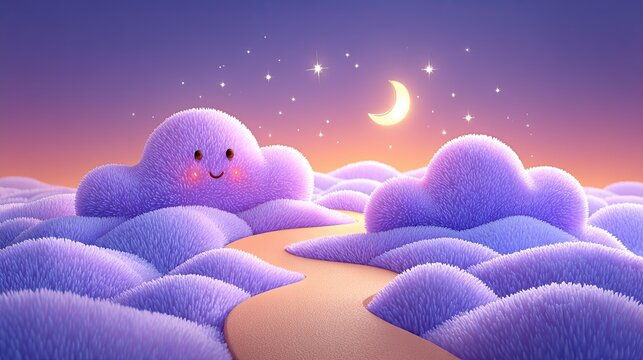 Fantasy bubble with stars, moons, and rainbow trails, A whimsical landscape featuring smiling clouds and a crescent moon. Magical background with sparkles, stars, and moons