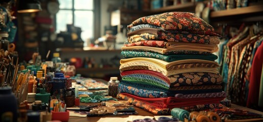 Fototapeta premium Colorful fabric stack on artist's work table. Background shows a creative studio. Use Design, craft, textile