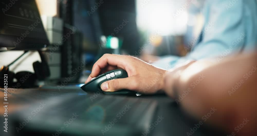 Poster Computer, hand and programmer with person in office for gaming developer, code update or design software. Research, backend script and creative project with closeup of employee in agency for planning