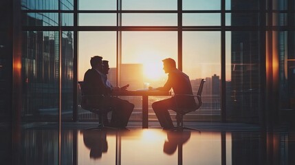 Plakat Business strategy meeting at sunset in a modern office with city view