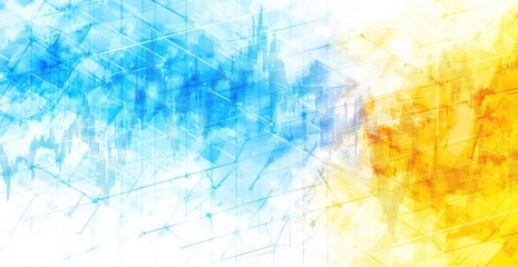 Obraz premium Abstract graphic design, merging blue and orange geometric shapes, overlaid with network lines, suggesting interconnected data visualizations. A blend of digital art, and data visualization