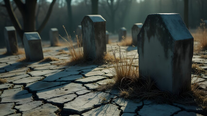 Deserted graveyard on gray cracked earth, dry weeds, tombstones, desolate and haunting atmosphere.