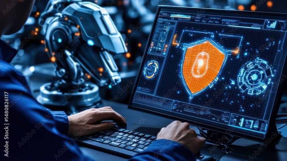 Poster a person works on cybersecurity with a robot beside them