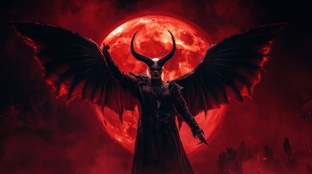 Dark angel with wings red moon background fantasy horror illustration