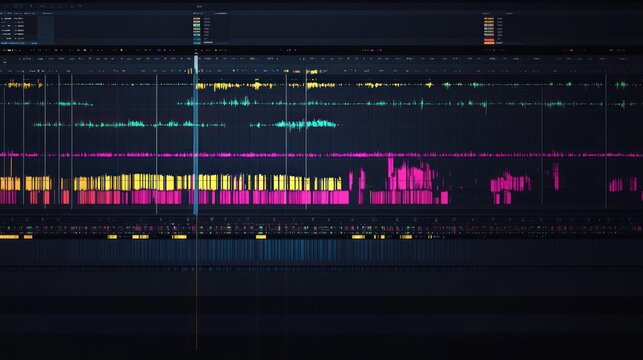 Colorful audio waveforms on digital music production software interface