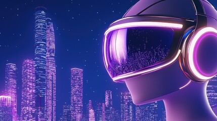 Mannequin head wears virtual reality headset in futuristic city