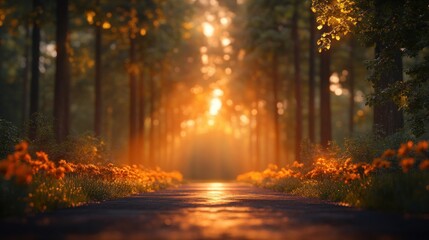 Golden Sunlight Path Through Forest