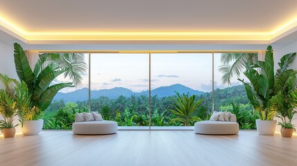 Modern tropical living room interior with jungle view