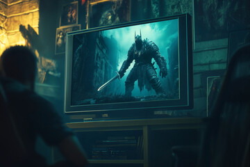 a TV showing a video game, a movie in which a knight fights a giant monster