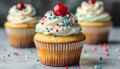Delicious cupcakes with colorful frosting and sprinkles