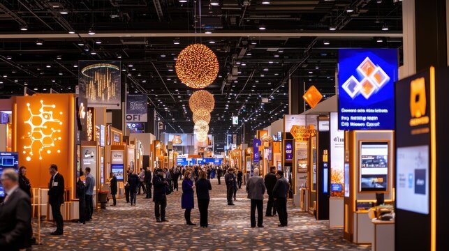 People attend a large trade show or convention hall