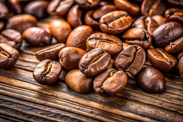 Naklejka premium Macro Coffee Beans On Rustic Wooden Table