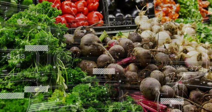 Produce display being shown in 3D render with data overlays on beetroots, parsley, peppers, turnips