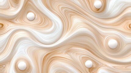 Abstract background features flowing curves with embedded white spheres