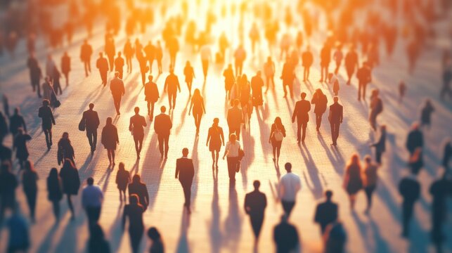 People walking at sunset city crowd urban life business community movement high angle view