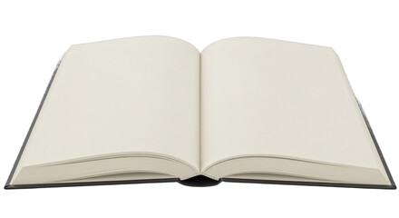 High-resolution image of an open book with blank, cream-colored pages, isolated on transparent background. Smooth, clean paper texture with soft shadow under the spine. Ideal for educational, editoria