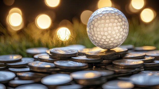 Golf investment opportunity: golf ball poised atop a pile of shimmering coins - Powered by Adobe