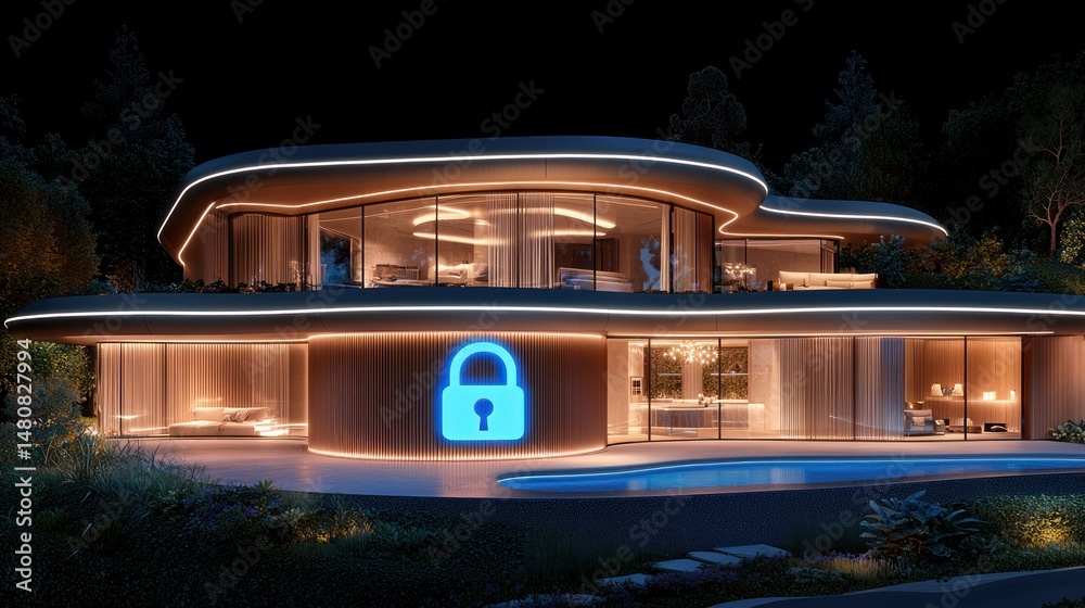 Poster modern house with security features at night illuminated