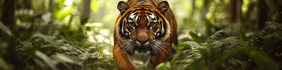 Fototapeta premium A tiger prowls through dense jungle foliage, staring intently ahead. Concept of wildlife and nature in harmony. For wildlife conservation awareness.