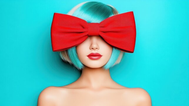 Stylish woman with teal hair and oversized red bow