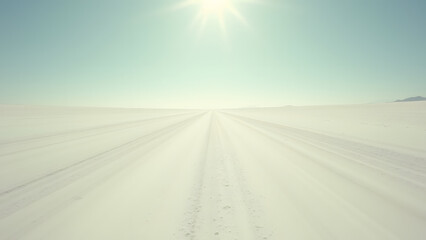 Endless white desert highway, heat shimmer, mirage effect, monochrome landscape under intense sun.