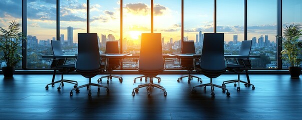 Sunlit cityscape view from a modern conference room, featuring several empty executive chairs arranged around a long table