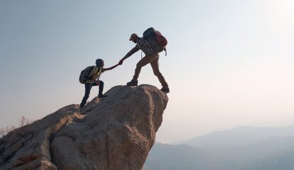 Two hikers help each other atop a rocky mountain peak.