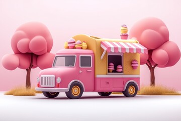 Pink ice cream truck parked amidst pastel trees