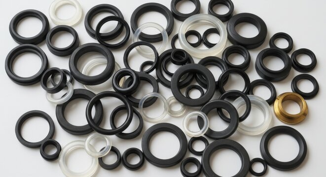 Assortment of Industrial Rubber O-Rings and Seals - Variety of sizes and materials: rubber, silicone, metal. Industrial parts, sealing solutions, precision engineering, mechanical components