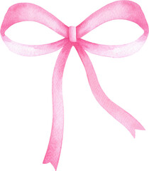 Watercolor style pink bow with tails on a transparent background.