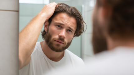 Obraz premium Young Man Looking in Mirror and Touching Hair – Grooming, Self-Care, and Reflection Concept