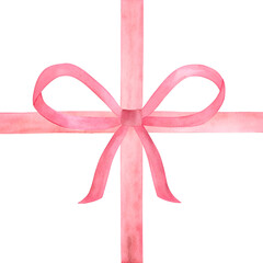Watercolor pink bow and ribbon on a transparent background.