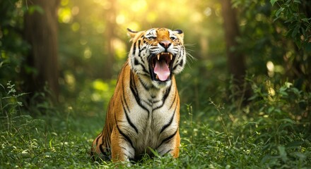 Fototapeta premium Bengal Tiger Roaring in Sunlit Jungle - Majestic Bengal tiger, open mouth roar, lush green jungle, sunlit foliage, wildlife power. Symbolizing power, nature, wildness, beauty, freedom