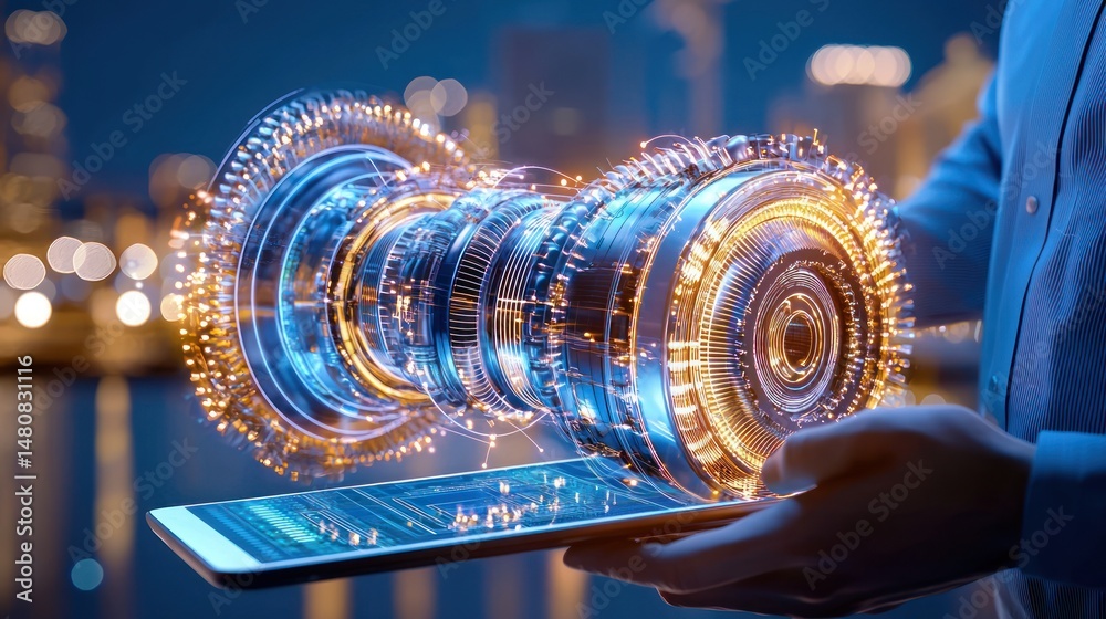 Poster person views complex holographic engine model on tablet screen