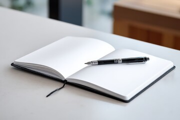 Open notebook with a pen resting on a white table.