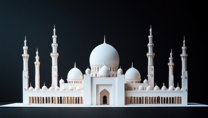 3D model of a mosque, meticulously detailed, against a dark background