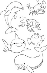 Cute cartoon sea animals collection. Hand-drawn style. Octopus, shark, seal, starfish, orca, seahorse, dolphin, lobster, turtle, pufferfish, whale, walrus, penguin, narwhal. Vector illustrations.