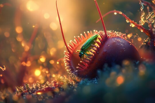 A vibrant green beetle perched on the edge of a dewy, crimson sundew plant at sunrise.