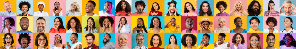 Poster a lively collage features a collection of diverse faces smiling and expressing joy against colorful 